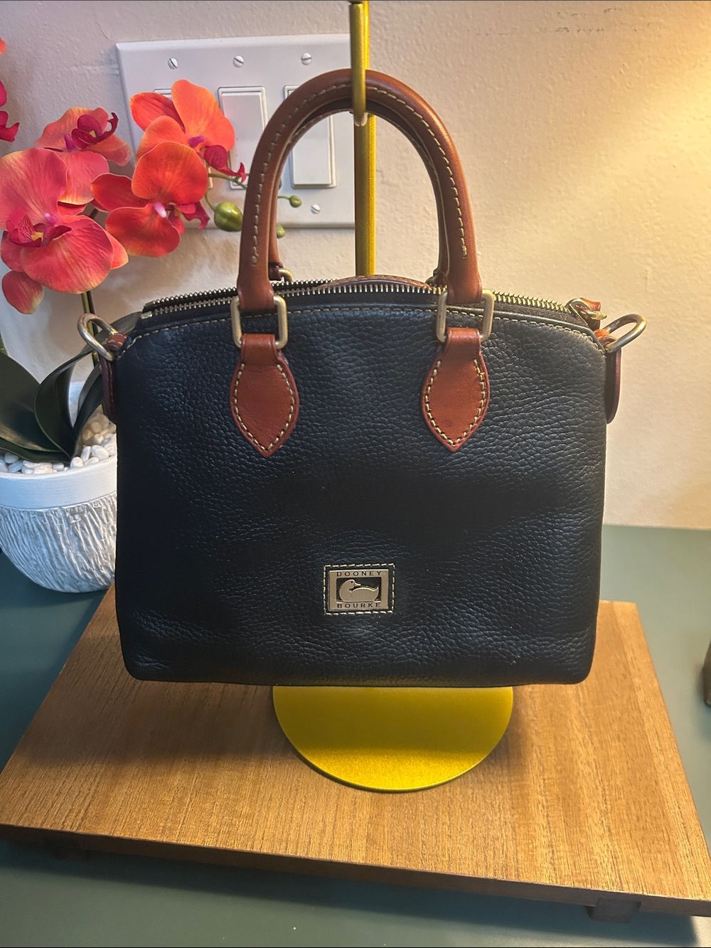 Dooney & Bourke Black Leather Mini Satchel with Brown Handles